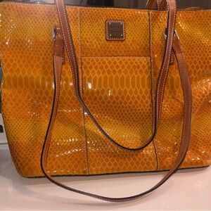 Dooney & Bourke Glossy Orange Reptile-Embossed Tote with Brown Trim